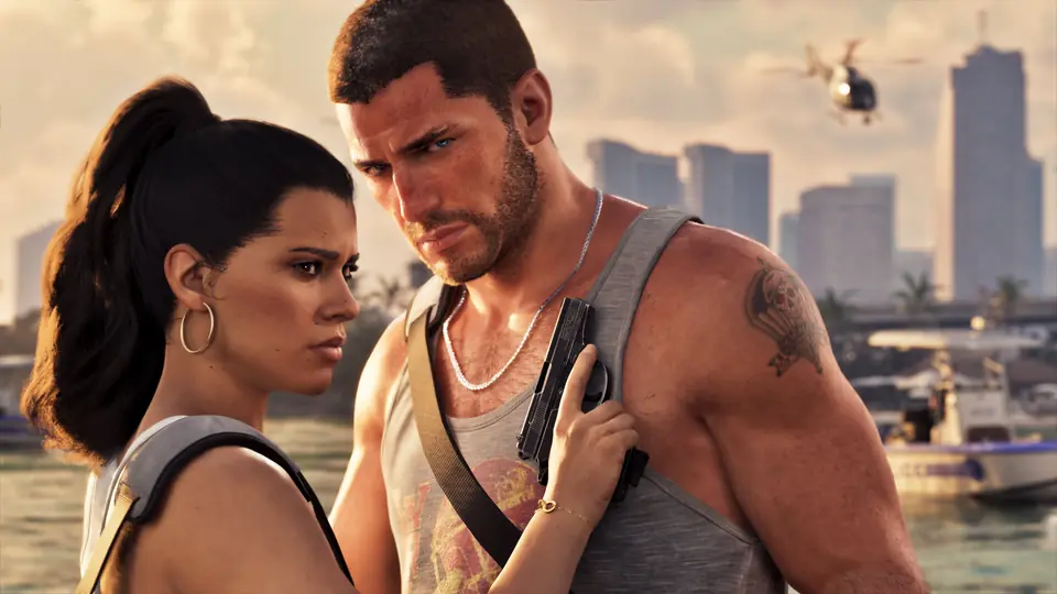 Jason and Lucia on a balcony overlooking Vice City