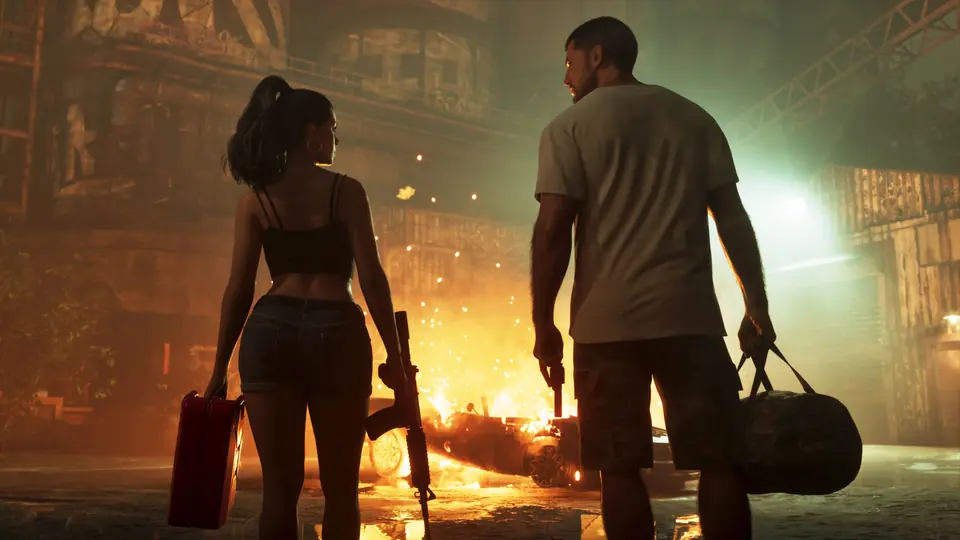 Jason and Lucia walking away from a burning car with a duffel bag